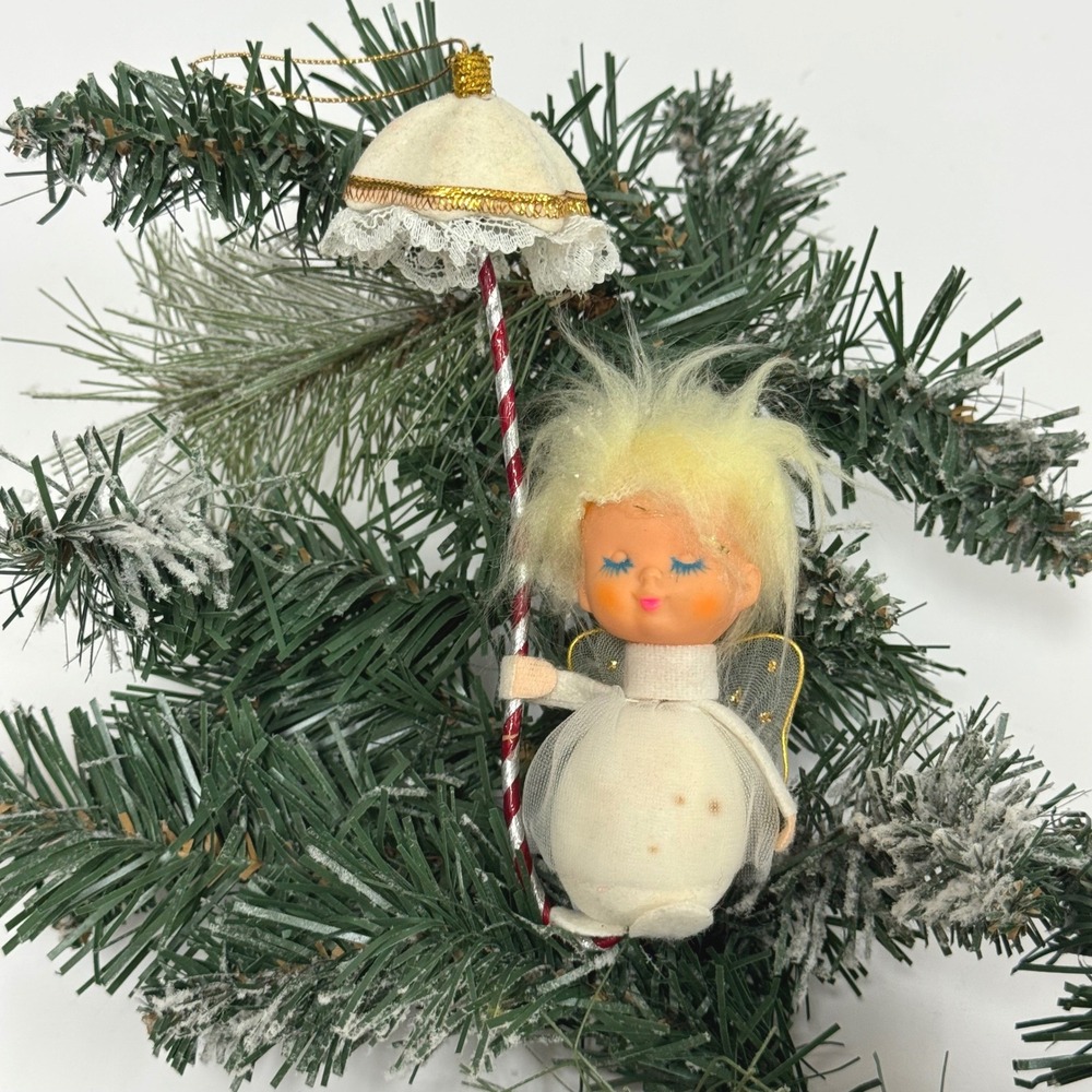 Vintage Kitsch Pixie Angel Christmas Ornament with Lace Umbrella